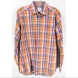 David Donahue Orange Plaid Mens L Casual Shirt